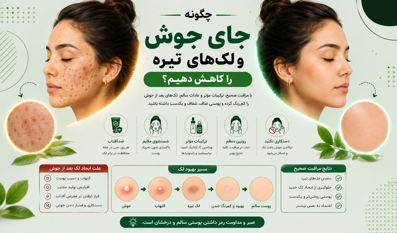 چگونه جای جوش و لک‌های تیره را کاهش دهیم؟ راهنمای علمی و کامل